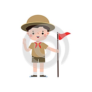 Cute little kid holding flag, boy scout or girl scout honor uniform, kids summer camp, Happy children cartoon flat character