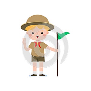 Cute little kid holding flag, boy scout or girl scout honor uniform, kids summer camp, Happy children cartoon flat character