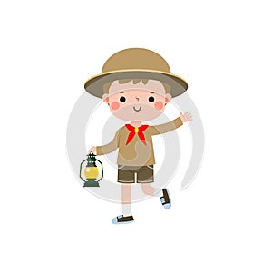 Cute little kid holding lamp, boy scout or girl scout honor uniform, kids summer camp, Happy children cartoon flat character