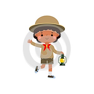 Cute little kid holding lamp, boy scout or girl scout honor uniform, kids summer camp, Happy children cartoon flat character