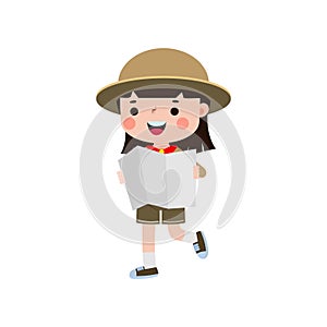 Cute little kid holding map, boy scout or girl scout honor uniform, kids summer camp, Happy children cartoon flat character