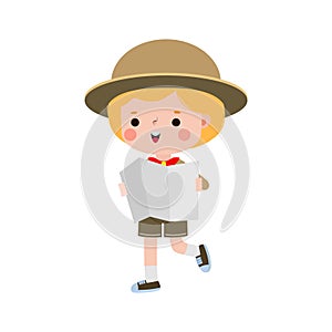 Cute little kid holding map, boy scout or girl scout honor uniform, kids summer camp, Happy children cartoon flat character