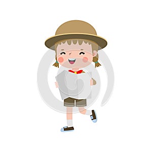 Cute little kid holding map, boy scout or girl scout honor uniform, kids summer camp, Happy children cartoon flat character