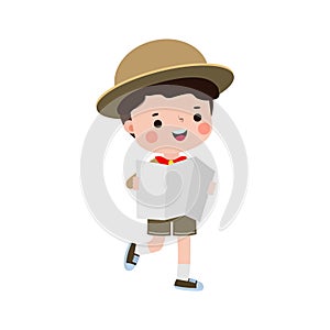 Cute little kid holding map, boy scout or girl scout honor uniform, kids summer camp, Happy children cartoon flat character