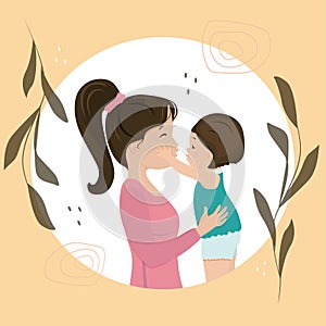 Cute little kid kissing his mom on the lips. The child pulls his hands to kiss his mother. Flat Vector Cartoon Illustration,