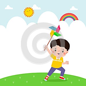 cute little kid playing with a colorful windmill toy flat style child playing, Template for advertising cartoon character design