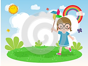 cute little kid playing with a colorful windmill toy flat style child playing, Template for advertising cartoon character design