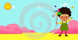 cute little kid playing with a colorful windmill toy flat style child playing, Template for advertising cartoon character design