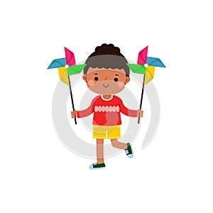 cute little kid playing with a colorful windmill toy flat style isolated on white background Vector illustration