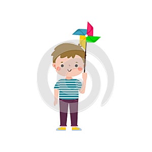 cute little kid playing with a colorful windmill toy flat style isolated on white background Vector illustration