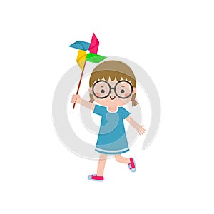 cute little kid playing with a colorful windmill toy flat style isolated on white background Vector illustration