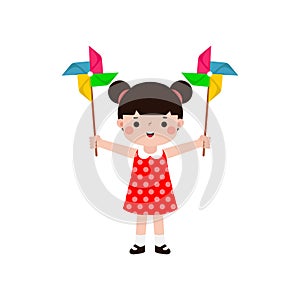 cute little kid playing with a colorful windmill toy flat style isolated on white background Vector illustration