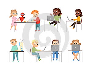 Cute Little Kid Programming and Creating Smart Robot with Laptop Vector Set