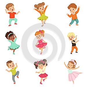Cute little kids dancing set, modern and classical dance performed by children vector Illustrations on a white