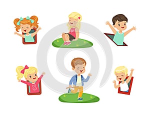 Cute Little Kids Having Fun Playing at Playground Enjoying Outdoor Activity Vector Set