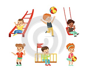 Cute Little Kids Having Fun Playing at Playground Enjoying Outdoor Activity Vector Set