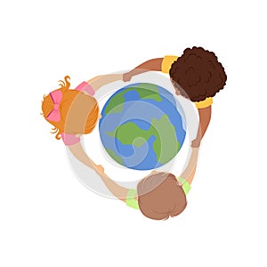 Cute little kids holding hands around the globe, top view vector Illustration on a white background