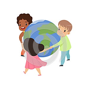 Cute little kids holding hands around the world vector Illustration on a white background