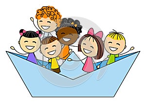 Cute little kids in paper boat