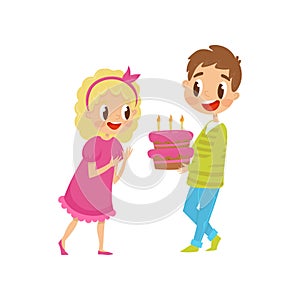 Cute little kids at party, boy holding birthday cake cartoon vector Illustration on a white background