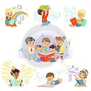 Cute little kids reading fairy tales set. Childrens dream world colorful vector illustrations photo