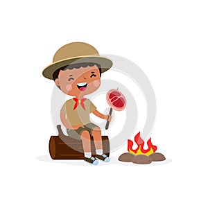 Cute little kids sitting on log and Roasting Fish and beefon campfire, boy scout or girl scout honor uniform, kids summer camp,