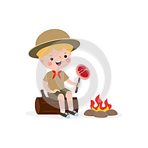 Cute little kids sitting on log and Roasting Fish and beefon campfire, boy scout or girl scout honor uniform, kids summer camp,