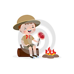 Cute little kids sitting on log and Roasting Fish and beefon campfire, boy scout or girl scout honor uniform, kids summer camp,