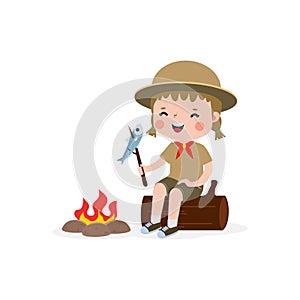 Cute little kids sitting on log and Roasting Fish and beefon campfire, boy scout or girl scout honor uniform, kids summer camp,