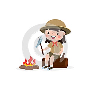 Cute little kids sitting on log and Roasting Fish and beefon campfire, boy scout or girl scout honor uniform, kids summer camp,