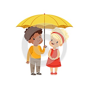 Cute little kids standing together under yellow umbrella vector Illustration on a white background