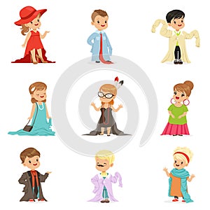 Cute little kids wearing elegant adult oversized clothes set, children pretending to be adults vector Illustrations