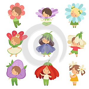 Cute Little Kids Wearing Flowers Costumes Set, Adorable Boys and Girls Cartoon Characters in Carnival Clothes Vector