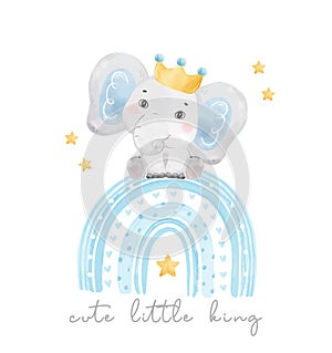 Cute little king baby blue boy elephant sitting on blue rainbow, baby shower birthday animal watercolor hand drawn vector