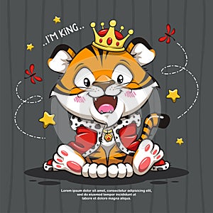 CUTE LITTLE KING CAT TIGER  CARTOON ILLUSTRATION