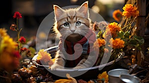 Cute little kitten in a basket with autumn flowers in the garden