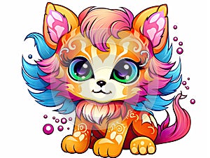a cute little kitten with colorful hair and blue eyes sitting down. generative ai