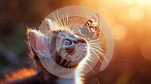 Cute little kitten playing with a butterfly in the sunset light.