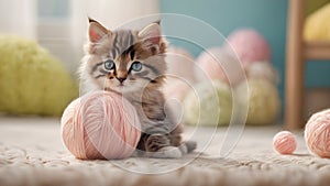 Cute little kitten playing with colorful pastel wool yarn balls. Pets, animal love concept.