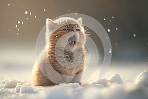 Cute little kitten playing in the snow on a sunny winter day