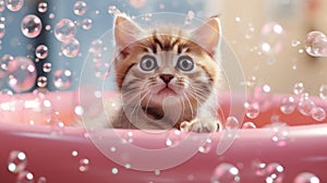 Cute little kitten playing with soap bubbles in bathroom, closeup