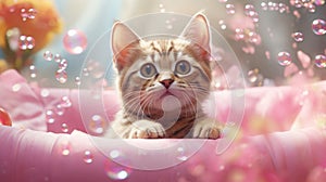 Cute little kitten playing with soap bubbles on bed, closeup