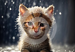 Cute little kitten in shower rain