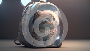 Cute little kitten sitting in a backpack. 3D rendering.