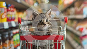 a cute little kitten sitting snugly in the pocket of a small shopping cart, adding a touch of sweetness to the bustling