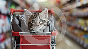 a cute little kitten sitting snugly in the pocket of a small shopping cart, adding a touch of sweetness to the bustling