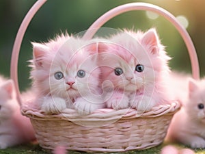 Cute little kitten sleeping in basket with beautiful pink flowers. P