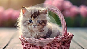 Cute little kitten sleeping in basket with beautiful pink flowers. P