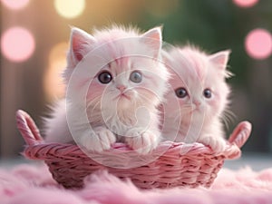 Cute little kitten sleeping in basket with beautiful pink flowers. P