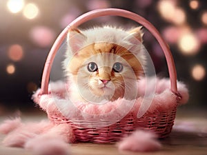 Cute little kitten sleeping in basket with beautiful pink flowers. P